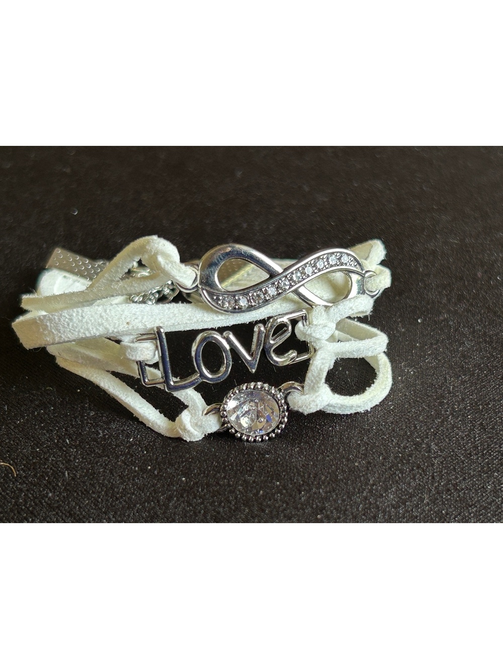 White Multi-Strand Love and Infinity Charm Bracelet with Rhinestones